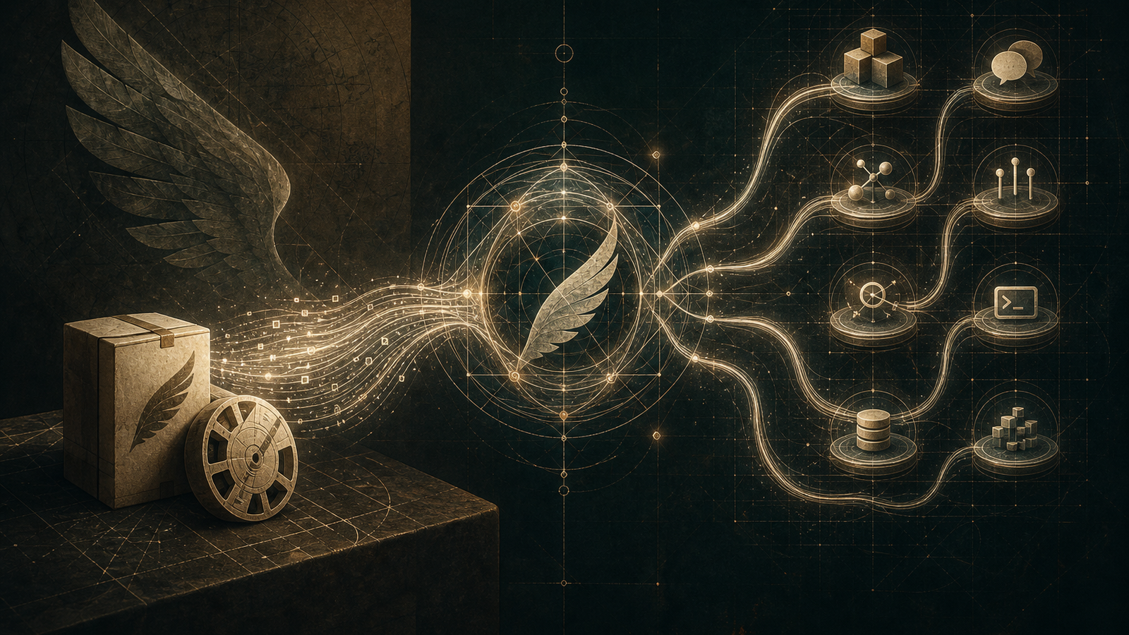 Hermes v0.14.0 Foundation Release editorial artwork with dark green archival grid, terminal panels, and messenger-feather infrastructure motif
